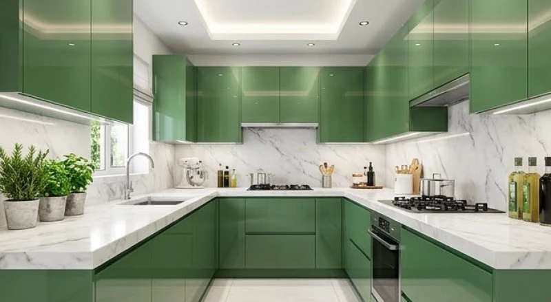 Tủ bếp acrylic bóng gương màu xanh lá cây thiết kế phù hợp với người tuổi Thìn mệnh Hỏa