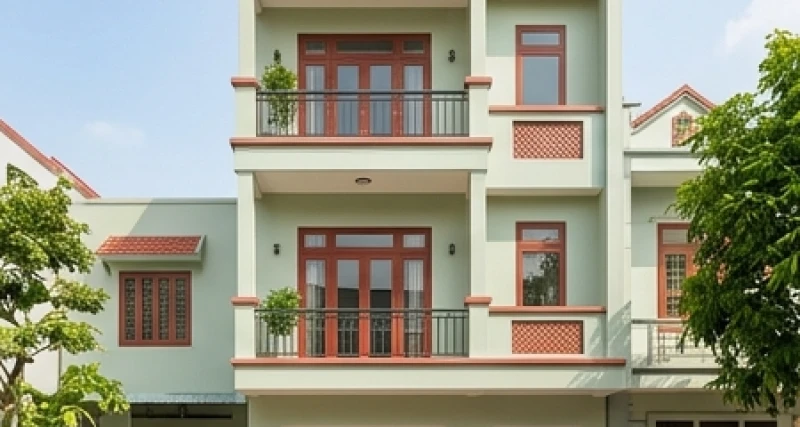 Mặt tiền nhà ống hiện đại được sơn màu xanh lá nhạt kết hợp các gờ chỉ ngói đỏ