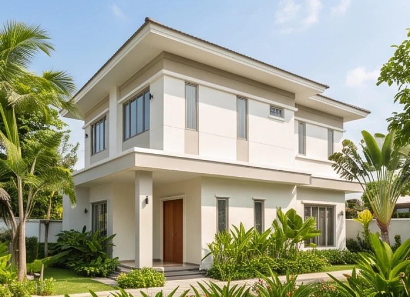 Mặt tiền biệt thự hiện đại sử dụng tone màu trắng ngà kết hợp các chi tiết điểm nhấn nhẹ nhàng