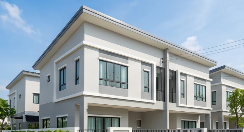 Mặt tiền ngôi nhà ống hiện đại được sơn màu xám nhạt với các đường phào chỉ đậm