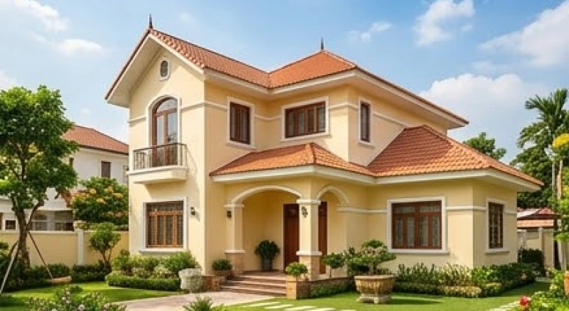 Ngôi nhà ngói đỏ với mặt tiền sơn màu vàng kem ấm áp được thiết kế chuẩn phong thủy cho nam gia chủ thuộc cung Khôn Thổ