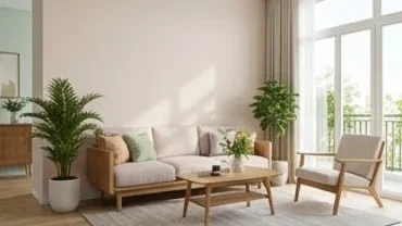 Không gian phòng khách hiện đại với màu sơn nhà hợp tuổi Mão hài hòa cùng đồ nội thất gỗ