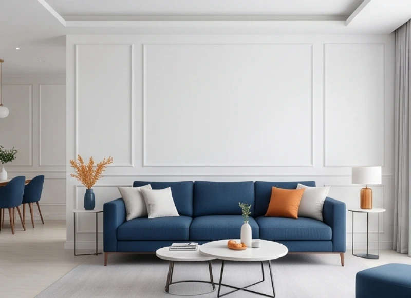 Phòng khách sơn màu trắng sứ chủ đạo kết hợp ghế sofa màu xanh dương cân bằng phong thủy