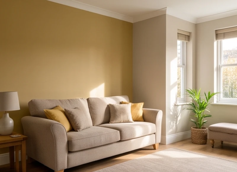 Không gian phòng khách sơn màu vàng đất kết hợp với sofa nỉ và ánh sáng mặt trời ấm áp