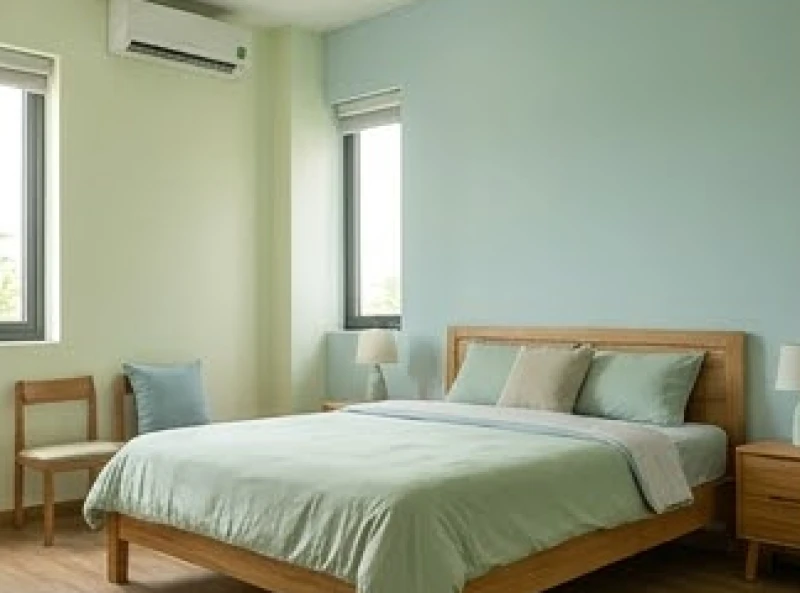 Không gian phòng ngủ êm ái sử dụng tông màu xanh lá và xanh dương nhạt làm chủ đạo, kết hợp nội thất bằng gỗ.