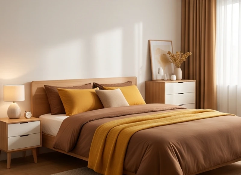 Phòng ngủ được trang trí rèm cửa và chăn ga màu nâu đất kết hợp trắng xám hợp mệnh Kim