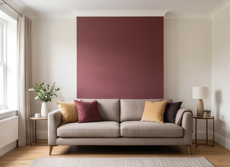 Vách tường sau lưng ghế sofa được sơn màu nhấn tinh tế nổi bật trên nền kiến trúc tổng thể màu sáng