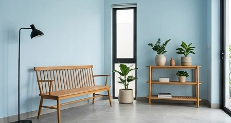Màu sơn nhà hợp tuổi Mùi: Bảng chuẩn và tỷ lệ phối 60-30-10 4 Căn phòng có tường màu xanh dương nhạt kết hợp nội thất gỗ mộc thân thiện và viền trang trí đen