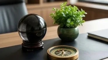 Khám phá mậu thìn 1988 mệnh gì qua không gian làm việc chuẩn phong thủy với quả cầu thạch anh đen và cây xanh