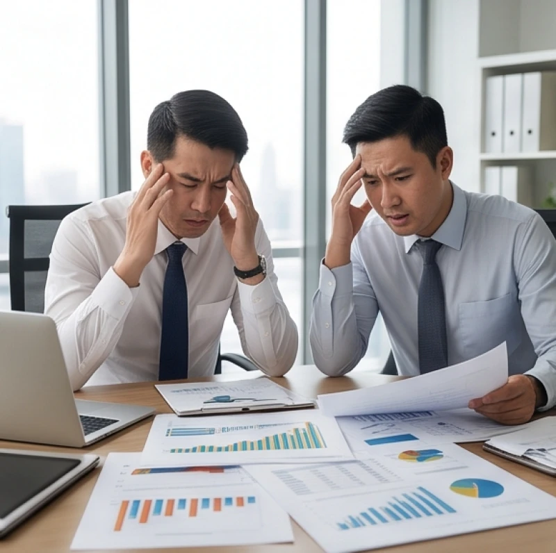 Tứ hành xung tuổi Tý: Mức độ kỵ và cách hóa giải theo nạp âm 4 Hai đối tác nam nữ đang thảo luận căng thẳng trên bàn làm việc đầy giấy tờ và biểu đồ tài chính