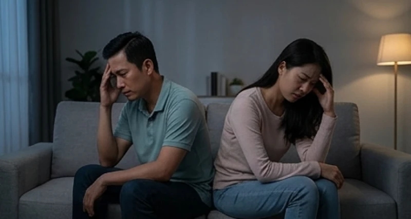 Người thân đang ngồi quay lưng lại với nhau trong phòng khách với vẻ mặt căng thẳng và sự xa cách rõ rệt