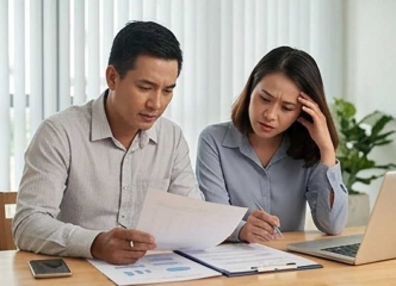 Hai đối tác kinh doanh đang xem xét sổ sách và tranh luận về báo cáo tài chính