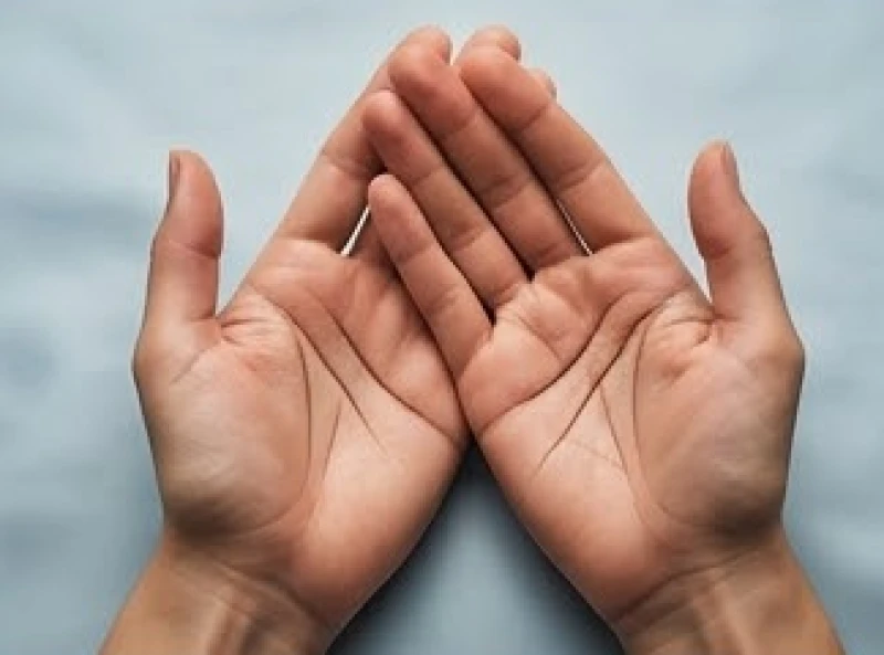 Hai bàn tay đan vào nhau với lòng bàn tay trái mở hờ cho thấy đường chỉ tay nằm ngang trái ngược với tay phải