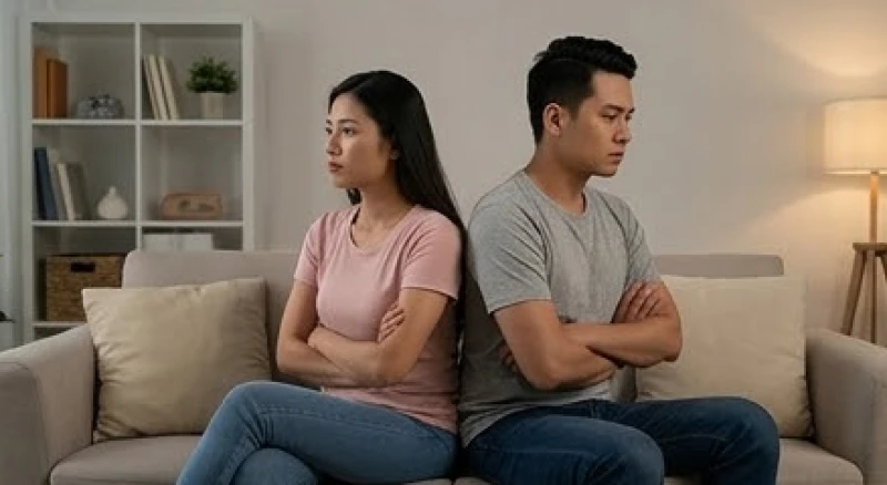 Hai vợ chồng ngồi quay lưng lại với nhau trên ghế sofa bộc lộ rõ sự mệt mỏi và khoảng cách
