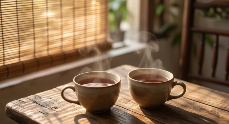 Hai tách trà ấm đặt cạnh nhau trên bàn gỗ mang lại cảm giác bình yên