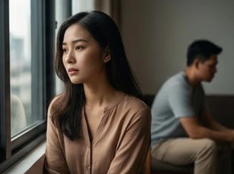 Người phụ nữ buồn bã khoanh tay đứng cạnh cửa sổ trong khi người đàn ông ngồi quay lưng lại