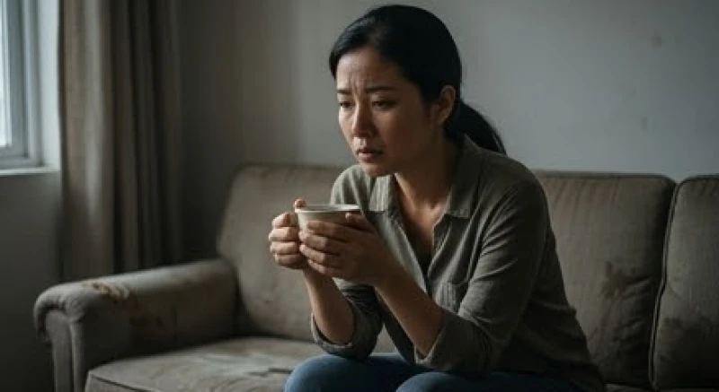 Người vợ ngồi lo âu nhìn ra cửa sổ sau khi mơ thấy chồng đánh vợ do áp lực tài chính bủa vây