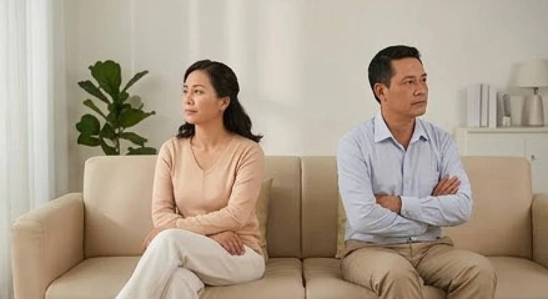 Hai vợ chồng trung niên ngồi giữ khoảng cách trên ghế sofa, biểu hiện của sự ngột ngạt và mất kết nối trong gia đạo