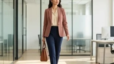 Người mẫu mặc trang phục công sở thanh lịch phối màu trang phục hợp tuổi dần để thu hút vượng khí