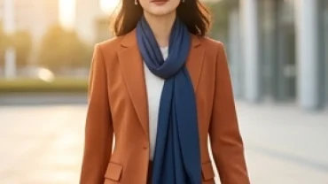 Một nữ người mẫu châu Á mặc bộ vest thanh lịch thể hiện cách phối màu trang phục hợp tuổi Sửu chuẩn phong thủy