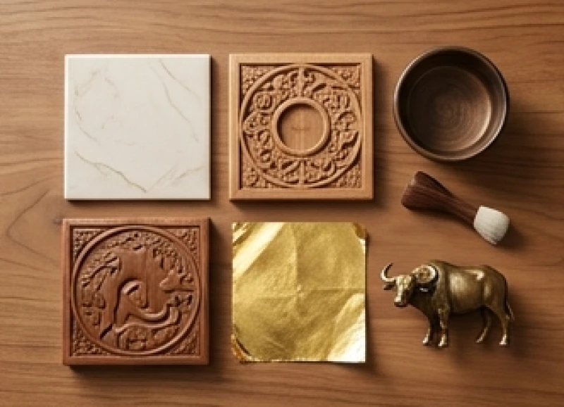 Bộ sưu tập các mẫu vật liệu gốm sứ, gỗ và kim loại đại diện cho ngũ hành trong phong thủy