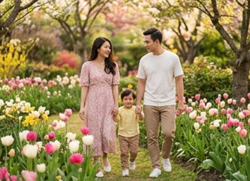Gia đình nhỏ dạo chơi vui vẻ trong vườn hoa mùa xuân ấm áp và rực rỡ
