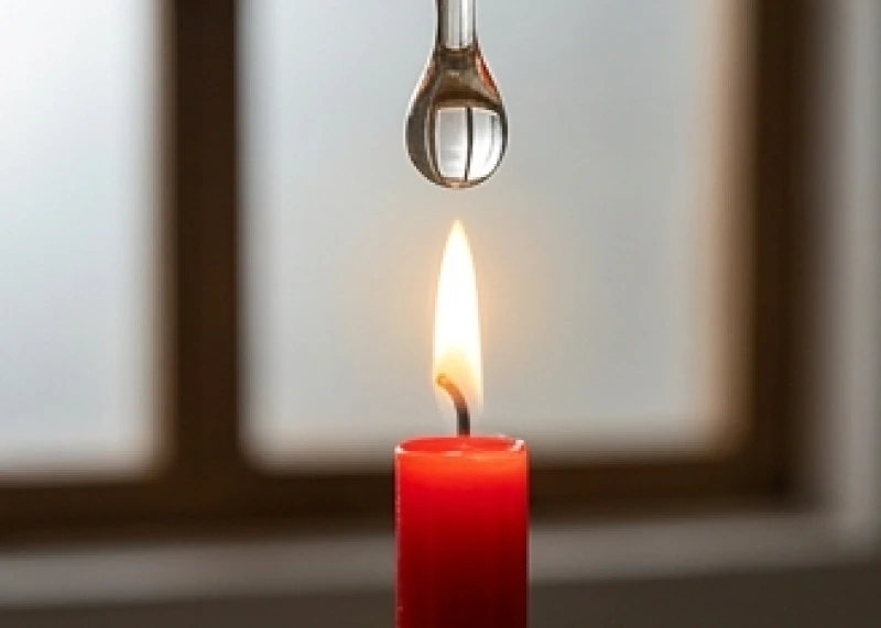 Một ngọn nến đỏ đang cháy rực bị bóng của một giọt nước lớn phủ lên trong không gian tĩnh lặng