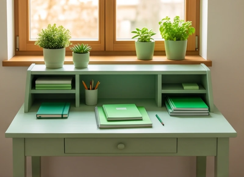 Góc học tập với các chi tiết màu xanh lá cây và cây xanh mini mang lại sinh khí cho trẻ mệnh Bình Địa Mộc