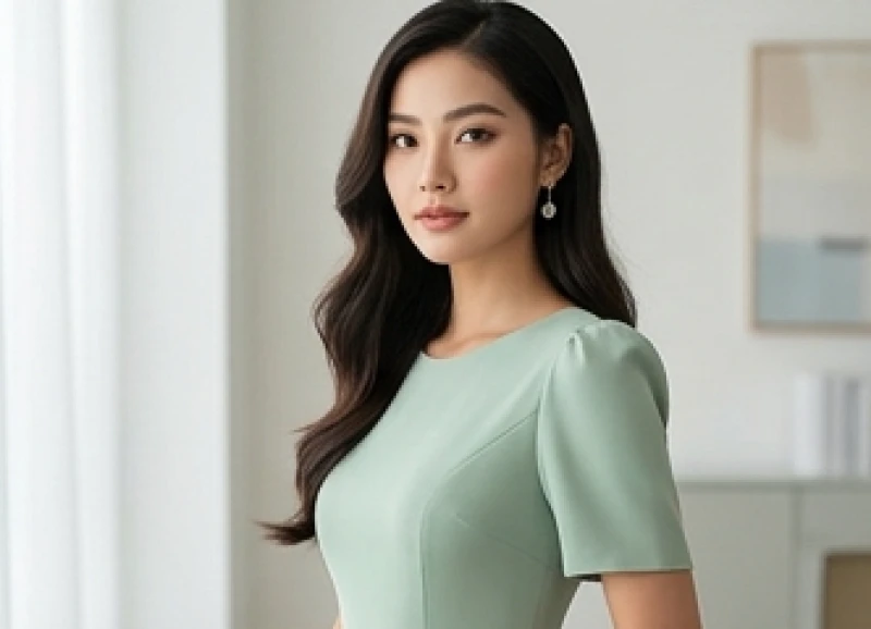 Màu trang phục hợp tuổi Tý: công thức phối riêng nam và nữ 3 Cô gái trẻ diện chiếc đầm xanh lá cây pastel thanh lịch trong không gian ngập tràn ánh sáng.
