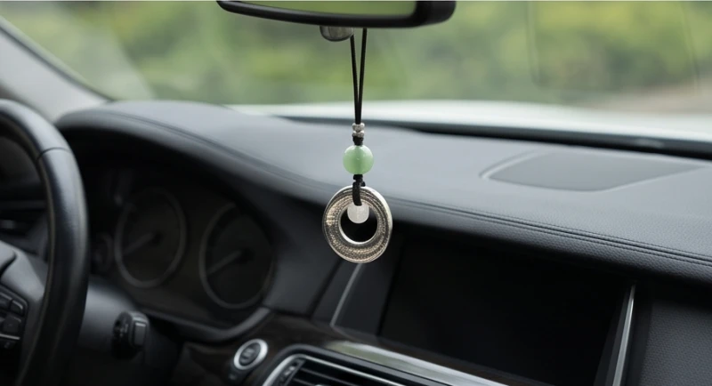 Góc nội thất xe hơi sang trọng với tông màu đen và điểm xuyết vật phẩm phong thủy bằng kim loại