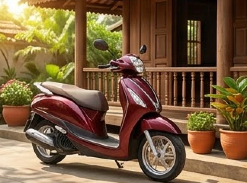 Tuổi Bính Tuất 2006: Cung mệnh, màu sắc và ứng dụng phong thủy 9 Chiếc xe tay ga màu đỏ đô nổi bật đỗ bên dưới hiên nhà gỗ, mang lại sự may mắn cho chủ nhân