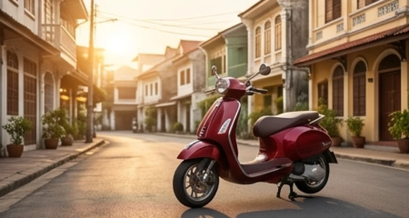 Tuổi Đinh Hợi 2007: Mệnh ngũ hành, tuổi hợp và ứng dụng thực tế 8 Chiếc xe máy tay ga màu đỏ đun hiện đại đậu trên con phố ngập tràn ánh nắng ấm áp