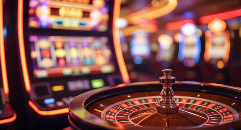 Vòng quay bánh xe roulette và máy đánh bạc lấp lánh rực rỡ trong không gian giấc mơ