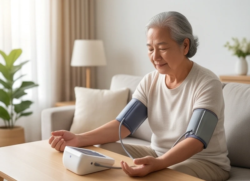 Người cao tuổi tự kiểm tra chỉ số huyết áp tại nhà bằng máy đo điện tử