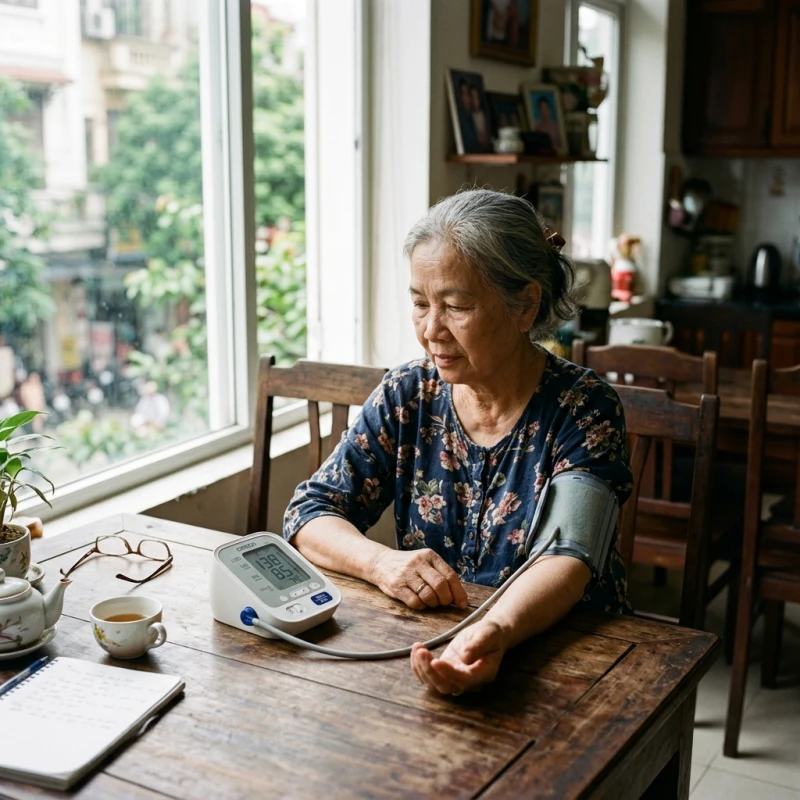 Sức khỏe tuổi Dần năm 2027: Dự báo bệnh lý theo từng can chi 4 Người lớn tuổi tự đo huyết áp bằng máy điện tử tại nhà để theo dõi sức khỏe tim mạch buổi sáng