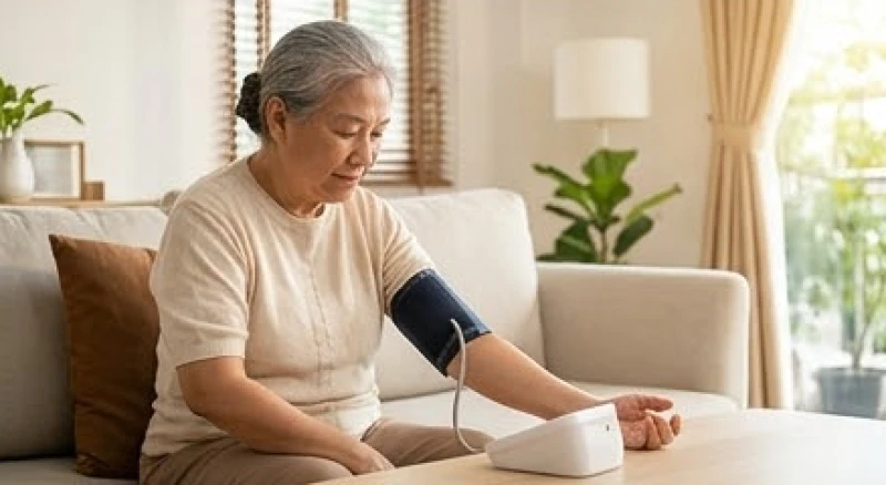 Người cao tuổi bình tĩnh sử dụng máy đo huyết áp điện tử tại nhà vào buổi sáng để kiểm tra chỉ số tim mạch