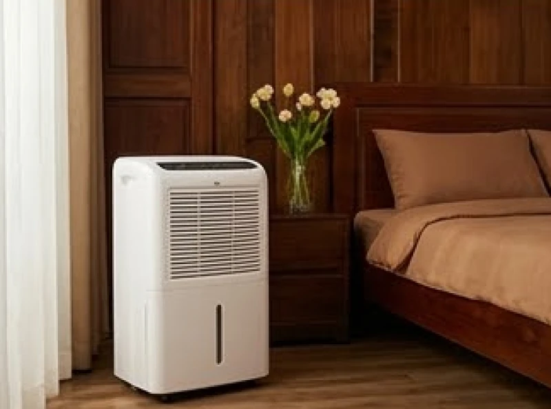 Chiếc máy hút ẩm đang hoạt động êm ái trong góc phòng ngủ giúp giữ cho không khí luôn khô ráo trong những ngày nồm
