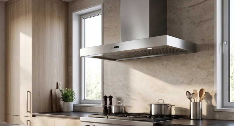 Máy hút mùi công suất lớn được lắp đặt ngay phía trên mặt bệ đun nấu kết hợp với ô cửa thoáng khí.