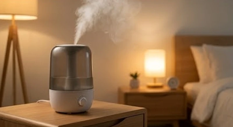 Máy phun sương tạo độ ẩm đang hoạt động êm ái trên chiếc tủ kê cạnh đầu giường
