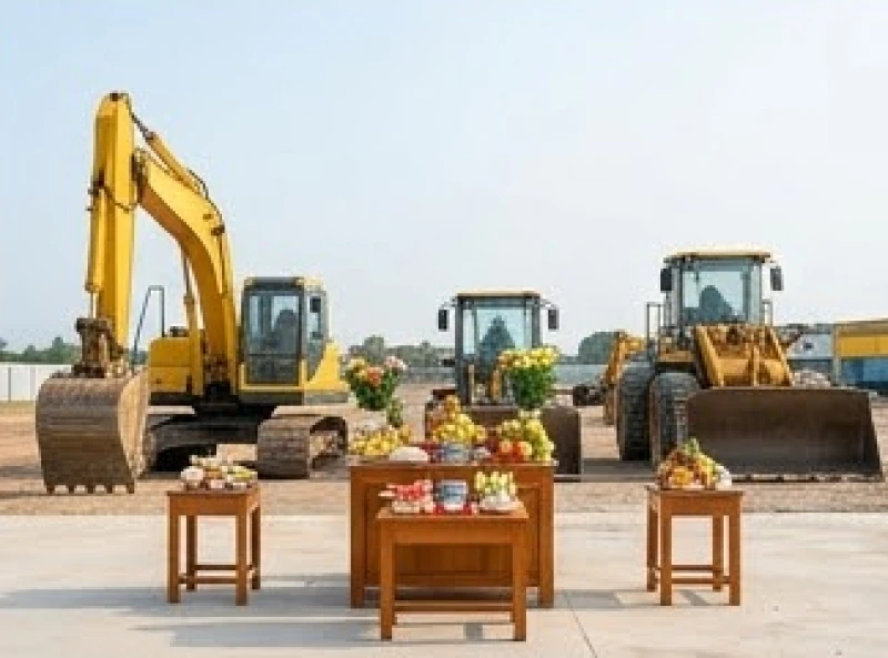 Xe máy xúc và thiết bị hạng nặng đỗ gọn gàng phía sau bàn lễ chờ hiệu lệnh bắt đầu san lấp mặt bằng