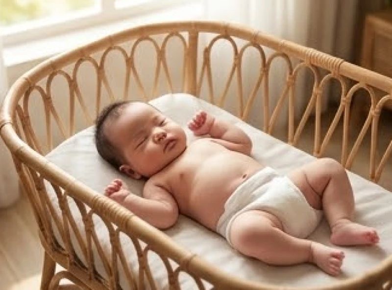 Một em bé sơ sinh bụ bẫm đang ngủ say sưa trong chiếc nôi mây mộc mạc dưới ánh nắng ban mai rực rỡ