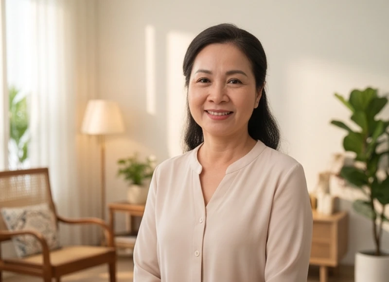 Người mẹ hiền hậu với nụ cười ấm áp trong không gian tươi sáng tượng trưng cho sự chấp thuận