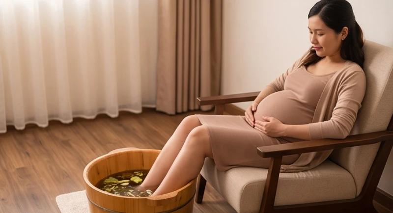 Phụ nữ mang thai đang ngồi nhắm mắt thư giãn và ngâm chân trong chậu nước ấm thảo dược
