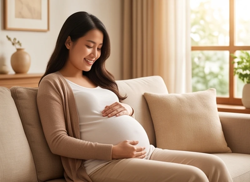 Tuổi Thân hợp sinh con tuổi gì: Bảng đối chiếu cho từng vợ chồng 8 Người mẹ mang thai đang mỉm cười thư giãn thoải mái trên chiếc ghế sofa trong phòng khách