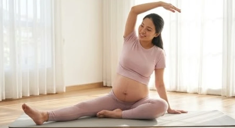 Phụ nữ mang thai tập yoga nhẹ nhàng trên thảm trong không gian đầy ánh sáng