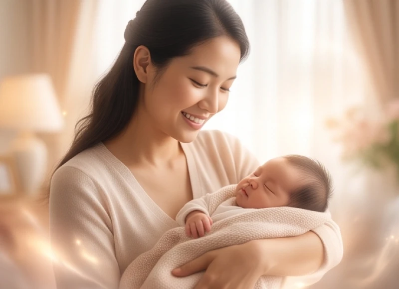 Người mẹ bế em bé sơ sinh mỉm cười hạnh phúc, đại diện cho điềm báo khởi đầu mới tốt lành trong giấc mộng