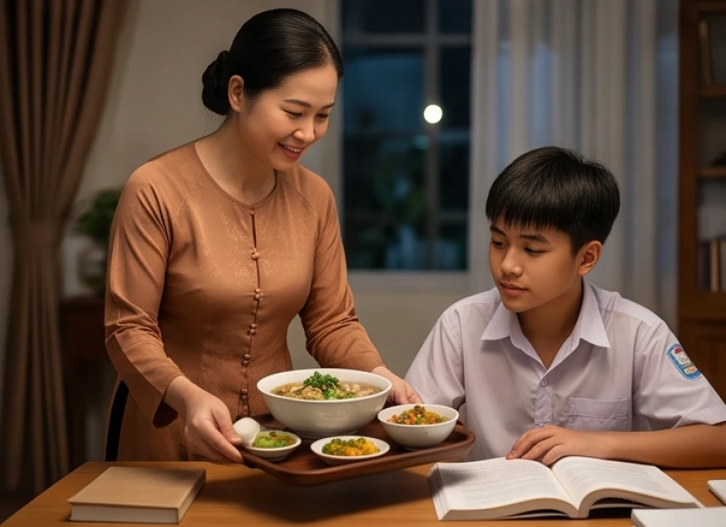 Mẹ nhẹ nhàng mang một khay thức ăn bổ dưỡng đến bàn học để động viên tinh thần con trong mùa thi