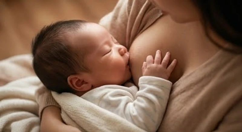 Em bé sơ sinh đang nằm gọn gàng trong vòng tay mẹ và ngoan ngoãn tận hưởng dòng sữa ngọt ngào