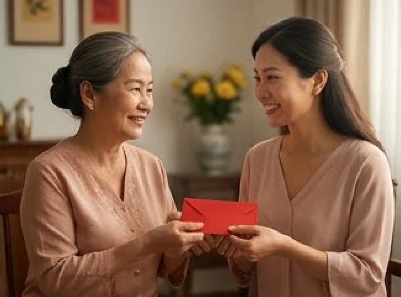 Người phụ nữ lớn tuổi nở nụ cười trao phong bao lộc cho nàng dâu minh chứng cho sự thấu hiểu và hòa giải