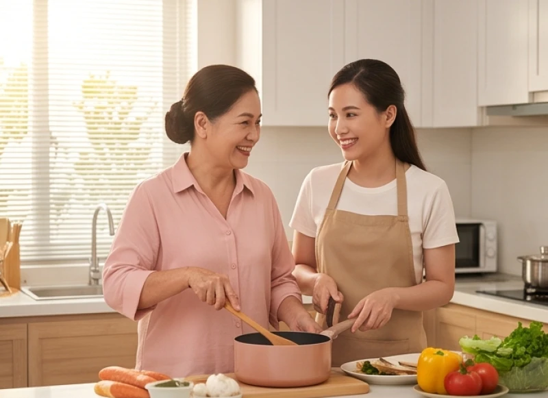 Mơ thấy gia đình bên vợ bên chồng: Điềm báo và sổ mơ trọn bộ 4 Mẹ chồng và nàng dâu cùng nhau chuẩn bị bữa ăn trong gian bếp ngập tràn ánh sáng